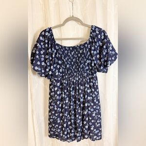 Altar'd State | Navy Blue Floral Smocked Puff-Sleeve Mini Dress | Boho | Size S